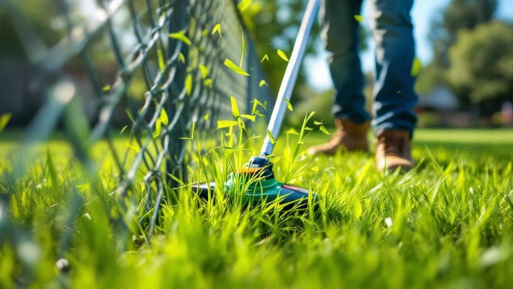 Trimming grass along a fence line